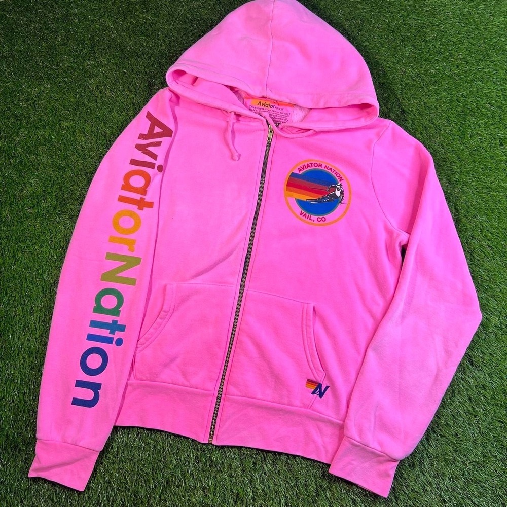 Aviator Nation Vail Neon Pink Full Zip Hoodie Women's Large Rainbow Logo Sleeve